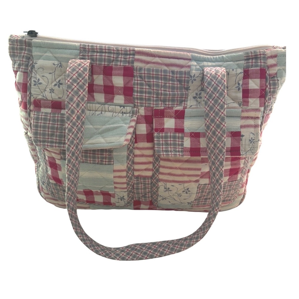 Handmade Quilted Patchwork Tote Bag Red Gingham Floral Cotton Shoulder Bag